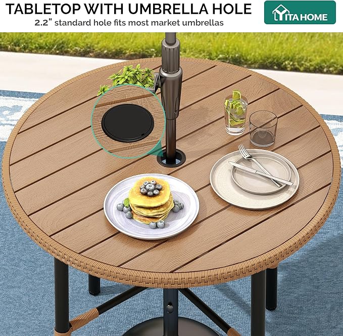 YITAHOME Outdoor Patio Dining Table Round for 4 with 2.2" Umbrella Hole&Adjustable Levelers 35.4" Bistro Table with Metal Frame All-Weather Outdoor Tables for Lawn Backyard Garden