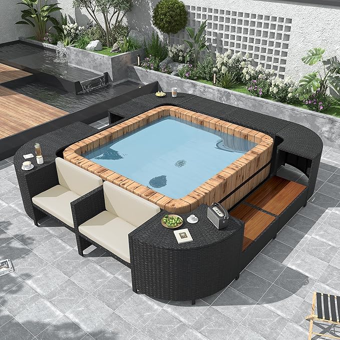 LUMISOL Square Spa Surround Spa Frame, Quadrilateral Outdoor Rattan Sectional Sofa Set with Sofa, Wood Seats and Storage Spaces for Free Combination, Patio Conversation Set for Poolside Garden, Beige