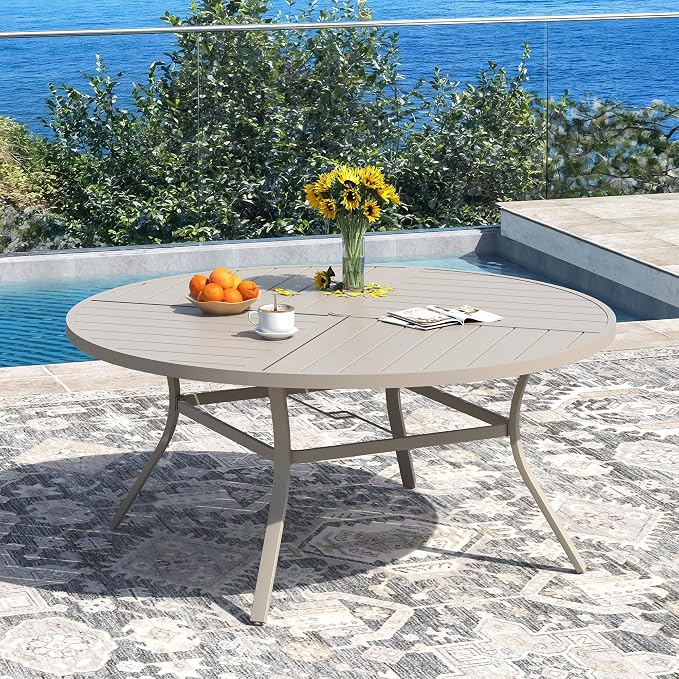 DIFY Patio Dining Set for 10, 11 Piece Outdoor Table and Chairs Set, 59.8" Round Metal Patio Dining Table and 10 Textilene Stackable Patio Chairs, for Backyard Garden Poolside, Sandshell