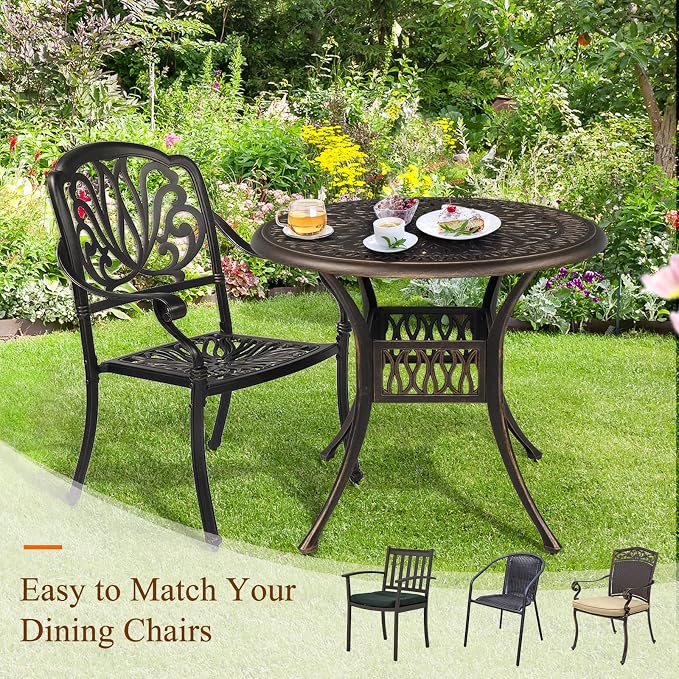 VINGLI 35" Patio Dining Table, Cast Aluminum Round Outdoor Dining Table with Umbrella Hole Outdoor Bar Table, Outdoor Bistro Table Outdoor Furniture Garden Table (35.4”Diax29.5”H)