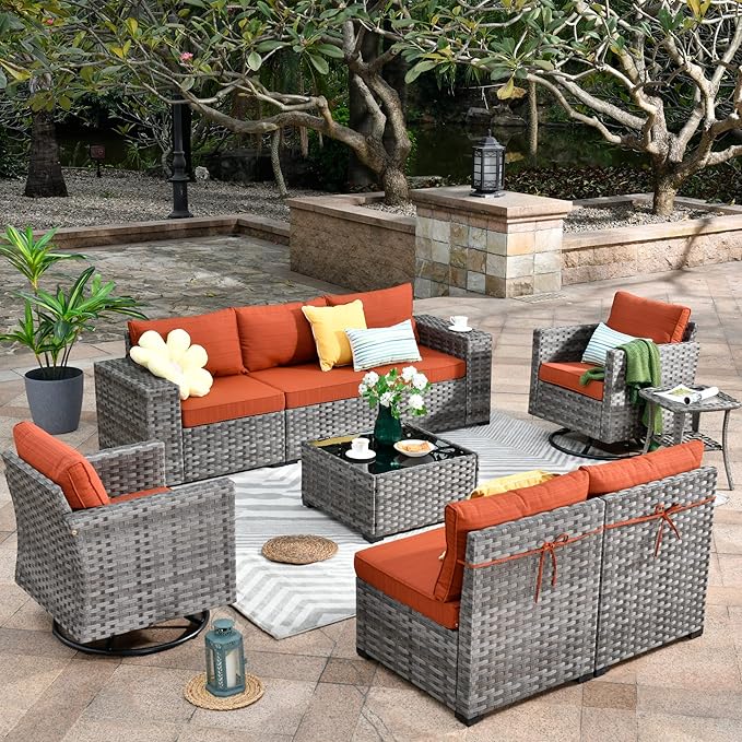 HOOOWOOO Outdoor Patio Sectional Furniture Sofa Set with Swivel Rocking Chairs,9 Piece Modern Wicker Couch with Widened Armrest,Modular Conversation Seating Set for Garden(Orange Red)