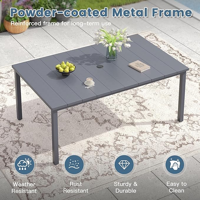 DIFY 7 Piece Outdoor Patio Dining Set for 6, 63" Rectangle Metal Dining Table and Swivel Patio Chairs with Padded Textilene, All-Weather Outdoor Furniture Set for Garden Backyard Porch, Grey