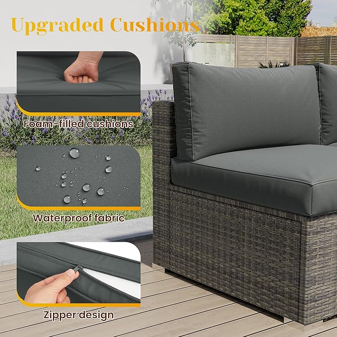 Fansafun Outdoor Patio Furniture Set, 5 Piece Patio Conversation Set, Waterproof Wicker Patio Furniture Set, All Weather Combination Patio Conversation Sets with Cushions and Glass Table, Grey