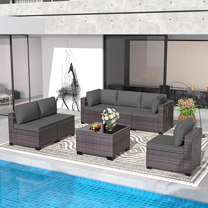 Patio Furniture Set 7 Pieces Outdoor Sectional Sofa Set,All Weather Wicker Patio Sofa PE Rattan Patio Conversation Set w/Cushions and Glass Coffee Table,Grey
