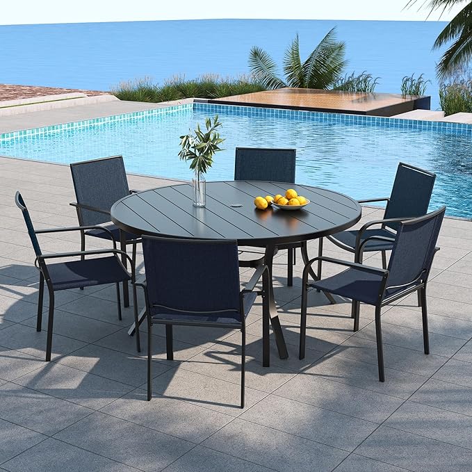 Anmutig Large Outdoor Patio Chairs and Table Set for 6 Person with 54" Round Dining Table and Stackable Navy Blue Textilene Chairs