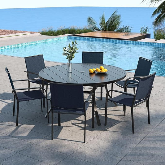 Anmutig Large Outdoor Patio Chairs and Table Set for 6 Person with 54" Round Dining Table and Stackable Navy Blue Textilene Chairs