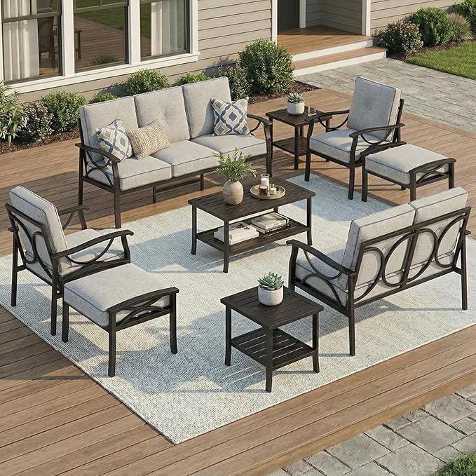 RoyalCraft 8-Pieces Outdoor Patio Furniture Set, Outdoor Metal Sectional Furniture with Cushions, Outdoor Conversation Seating Set with Coffee Table for Balcony, Backyard, Garden, Deck, Black