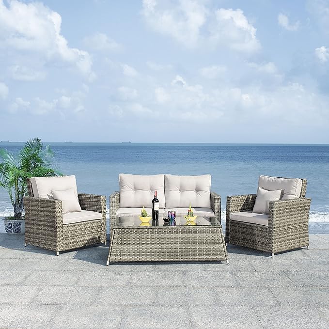 SAFAVIEH Outdoor Collection Lorma Grey/Grey Wicker 4-Piece Conversation Patio Set