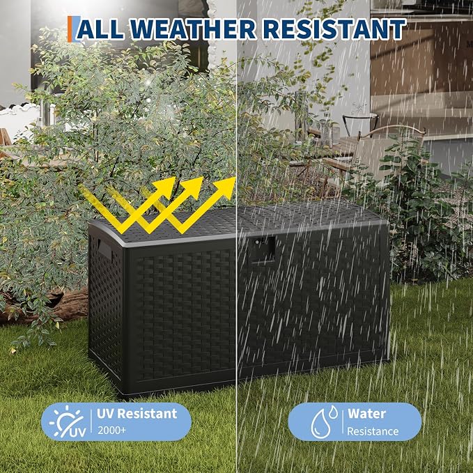 73 Gallon Outdoor Storage Box, Large Waterproof Resin Deck Box Indoor and Outdoor Use, Lockable Patio Storage Box for Garden Cushions, Tools, Equipment, Black