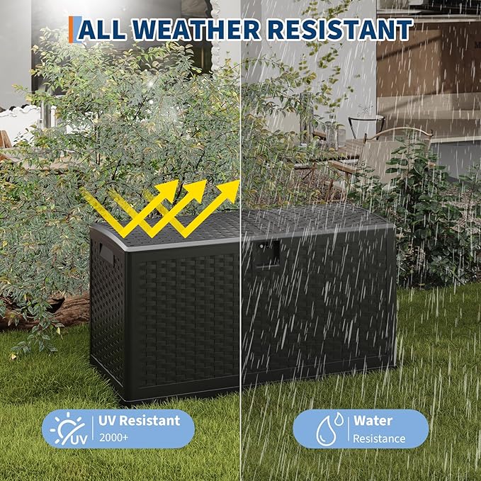 IDEALHOUSE Outdoor Storage Box, 73 gal Resin Deck Box Waterproof Lockable for Patio, Heavy-Duty Outdoor Storage Bench, Outside Container for Cushions Shoes Pool Garden Gear, Rattan-Style, Black