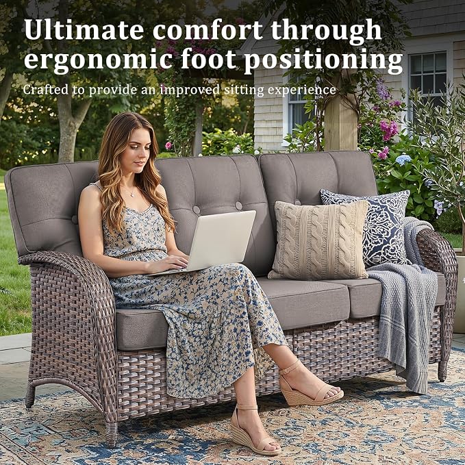 7 Piece Outdoor Patio Furniture Set with Fire Pit Table,Conversation Sectional Wicker Couch with Swivel Chairs,Modern Outside Sofa for Balcony Backyard, Brown/Grey