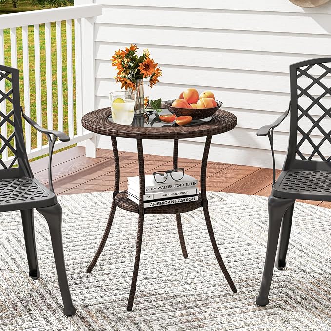 Tangkula 25.5" Wicker Patio Dining Table, Outdoor Round Bistro Side Table with Tempered Glass Top and Storage Shelf, for Balcony, Garden and Backyard