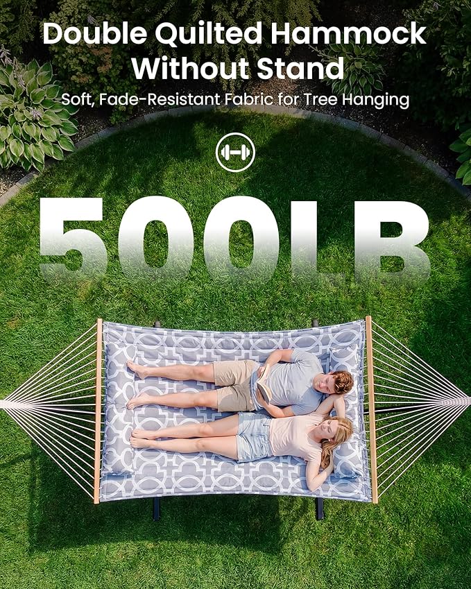 Double Hammock with Spreader Bar & Pillow, 2-Person Portable Hammock, 500lbs Capacity for Outdoor Camping, Patio, Backyard, Garden, Beach & Travel Relaxation – White Gray