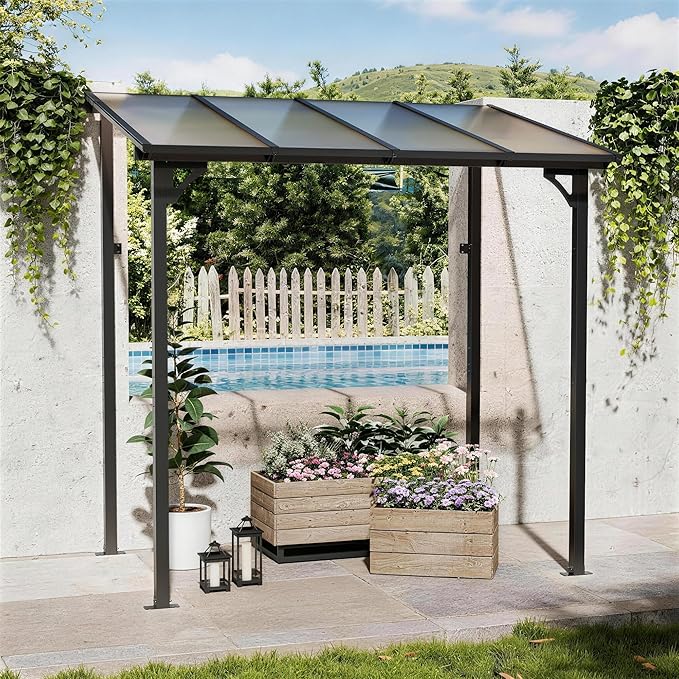 5' x 8' Lean to Gazeb,Hardtop Galvanized Steel Pergola with Sloped Polycarbonate Roof,Wall Mounted Gazebo Patio Canopy with Ground Anchor for Backyard Deck