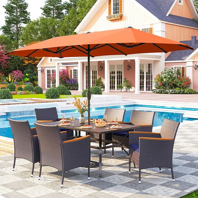 PHI VILLA 7pc Patio Dining Set w/Umbrella, Rectangular Table, Rattan Chairs | Outdoor Dining Set for 6, 60" Metal Table & 6 Cushioned Rattan Chairs with Red Umbrella for Outdoor, Deck, Yard, Porch