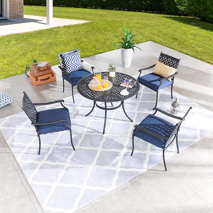 LOKATSE Home 5 PCS Outdoor Patio Dining Set with 4 Armchair with Cushions and 1 Round Table with 2.04" Umbrella Hole for Garden Backyard Poolside