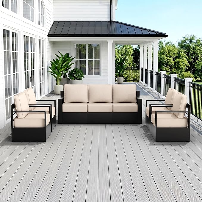Outdoor Patio Furniture Set, 5-Piece Aluminum Patio Conversation Set All-Weather Metal Outdoor Sectional with 6 Inch Thick Cushions, Deep Setting for Garden, Outside and Porch, Beige