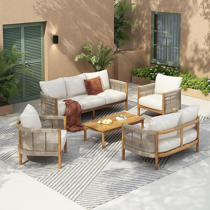 Christopher Knight Home Havets 5 Pieces Outdoor Acacia Furniture Set, Woven Rope Loveseat and Accent Club Chairs, 6" Thick Cushions Sofa and Coffee Table Set for Backyard Garden Balcony, Teak+Beige