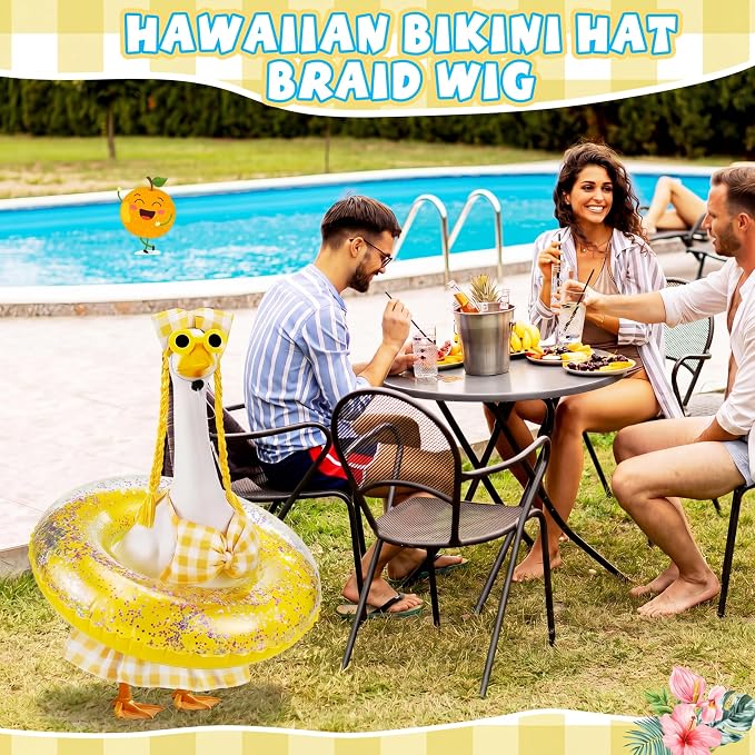 Bikini Porch Goose Outfits with Sunglasses and Swimming Tube for 23" Summer Goose Costume Garden Patio Statue Decor(Yellow Plaid)