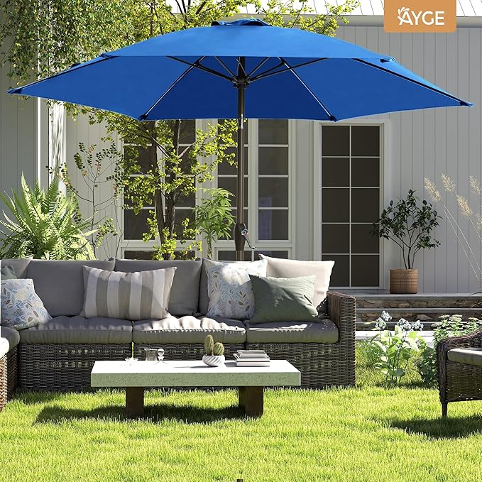 Ayge 7.5FT Large Outdoor Patio Umbrella Market Table Umbrella-UV Resistant, Easy Push Button Tilt and Crank, 6 Sturdy Fiberglass Ribs Heavy-Duty Pool Umbrella for Deck, Backyard,Garden, Yard,Blue