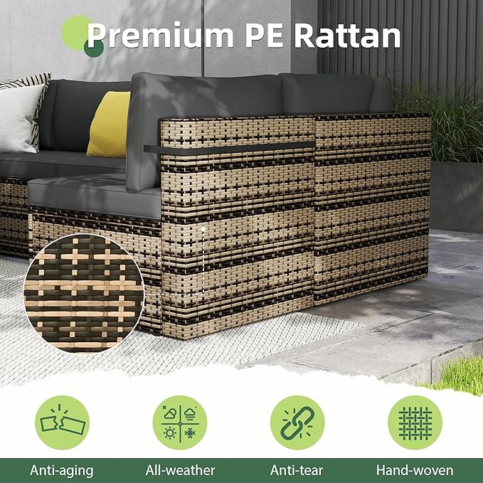 7-Piece Outdoor Sectional Sofa Set, Weather-Resistant Patio Furniture Set with Washable Cushions and Coffee Table, Brown Rattan Patio Conversation Set for Poolside, Backyard, Deck (Black)