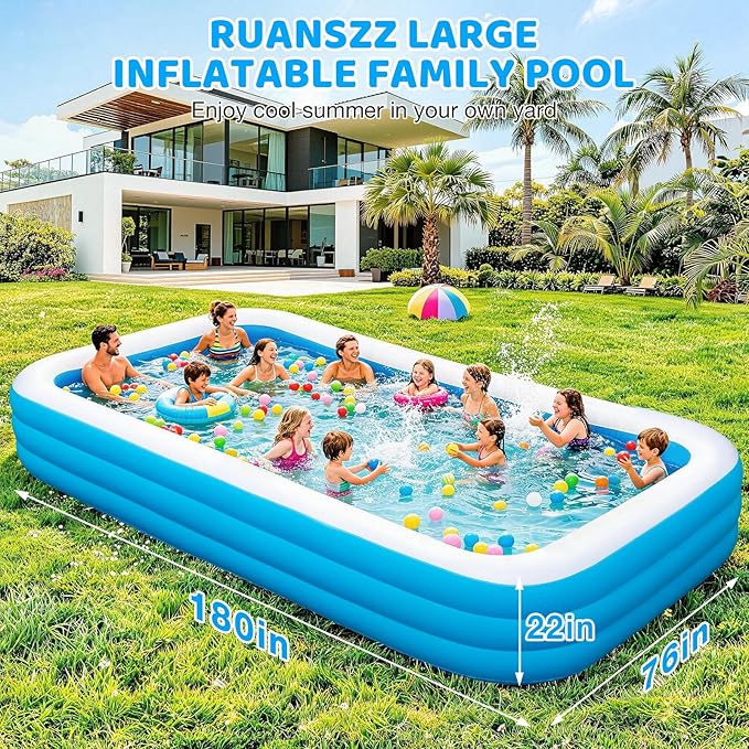 Extra Large Inflatable Pool for Adults, 180"x76"x22" Oversized Thickened Swimming Pool with Air Pump, Full Size Family Big Blow Up Pools for Backyard Garden Lawn Indoor Outdoor Summer Water Party