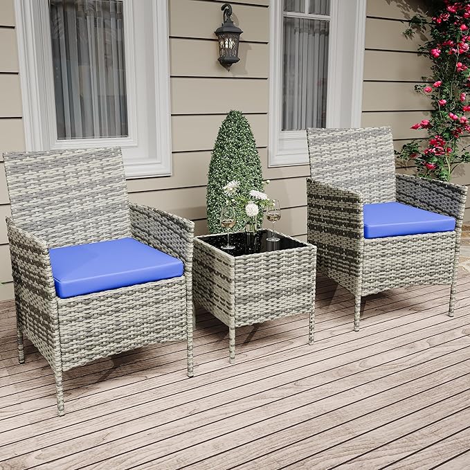 All-Weather PE Rattan Patio Bistro Set - 3 Piece Outdoor Conversation Furniture with 2 Chairs & Coffee Table - Compact Garden, Balcony, Porch Use - Grey or Black