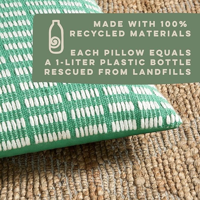 TOWN & COUNTRY TERRA Alara Textured Geo Stripe Handcrafted Indoor Outdoor Decorative Pillow, 100% Recycled Materials, UV Fade Resistant, Water Repellent, Green/Ivory, 20"x20"