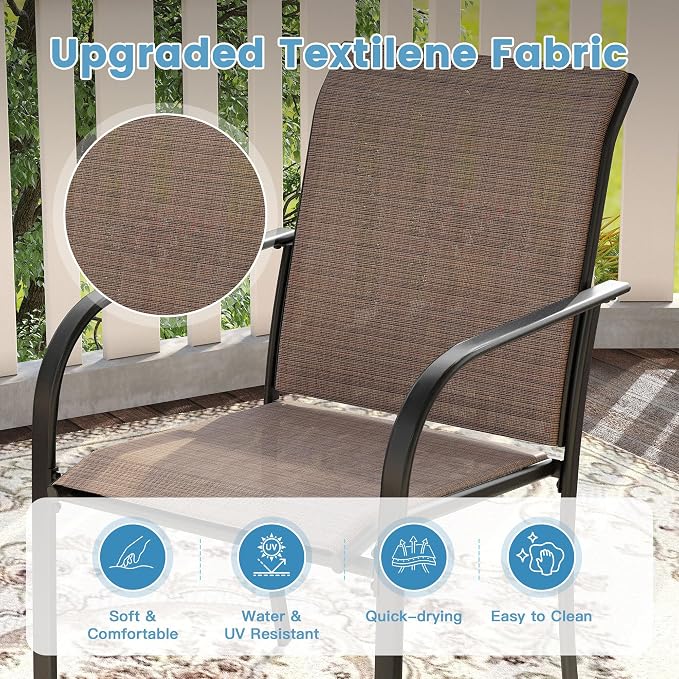 DIFY Patio Dining Set for 6, 7 Piece Outdoor Table and Chairs Set, 47.2" Black Round Metal Patio Dining Table and 6 Brown Textilene Stackable Patio Chairs, for Backyard Garden Poolside