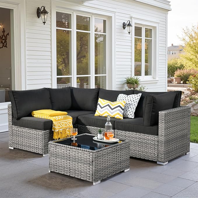 5 PCS Outdoor Patio Furniture Sets,Wicker Weather Resistant Patio Conversation Set with Comfy Cushions,Modular L Shaped Sofa with Coffee Table for Yard Backyard Porch Garden Poolside,Black