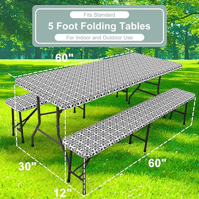 misaya Picnic Table Cover with Bench Cover, Waterproof Elastic Fitted Tablecloth for 5 Foot Tables, Rectangle Washable Polyester Tablecloths for Picnic, Camping, Outdoor (Black, 30" x 60")