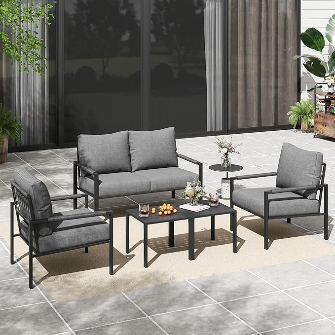 5 Pieces Rattan Outdoor Furniture Set, All-Weather Patio Conversation Set with Dark Grey Cushions and Coffee Tables for Garden, Backyard, Balcony, Poolside