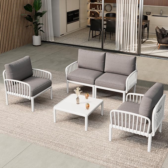 Christopher Knight Home Landon 4 Pieces Patio Conversation Set, Loveseat and Coffee Table Set, Accent Chairs, Club Chair with Cushion, Sofa Chair with Table Set for Balcony Garden, White+Light Gray