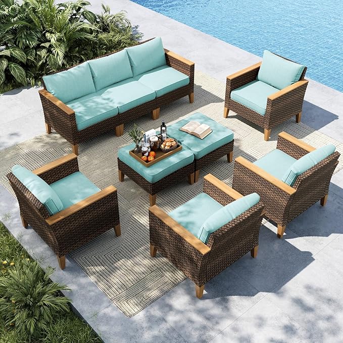 MFSTUDIO 9 Seat Wicker Patio Furniture Set, All-Weather Extra Large Rattan Patio Conversation Set, 4 x Armrest Chair, 3-Seat Sofa, 2 x Ottoman, Outdoor Sectional Sofa for Backyard(Aqua Blue Cushions)