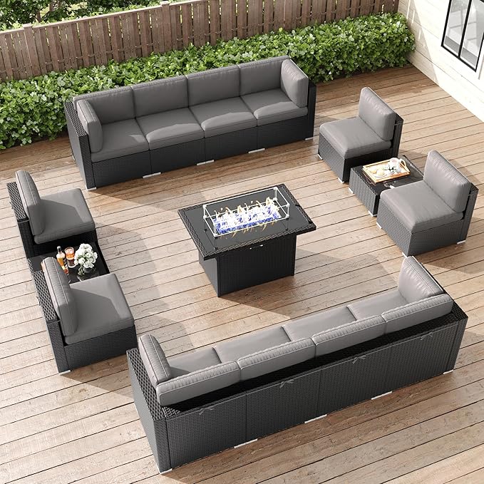 LayinSun 15 Pieces Patio Furniture Set with Fire Pit Table, Black Rattan Modular Sectional Patio Conversation Sofa Set