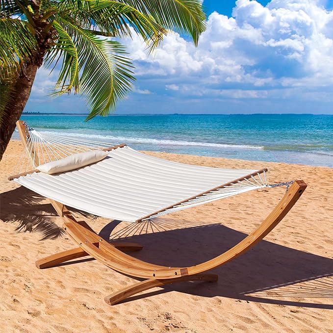 Lazy Daze Hammocks 12 FT Double Quilted Fabric Hammock and 13 FT Natural Wood Arc Stand, with Spreader Bar, Removable Pillow, 2 Person Hammock for Poolside Outdoor Patio, 450 lbs Capacity, Natural
