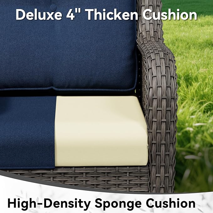 7 Piece Outdoor Wicker Patio Furniture Set, Patio Chairs Set with Thickened Olefin Cushions, High Back and Deep Seating, Hand-Woven PE Rattan, Ottoman for Porch, Deck