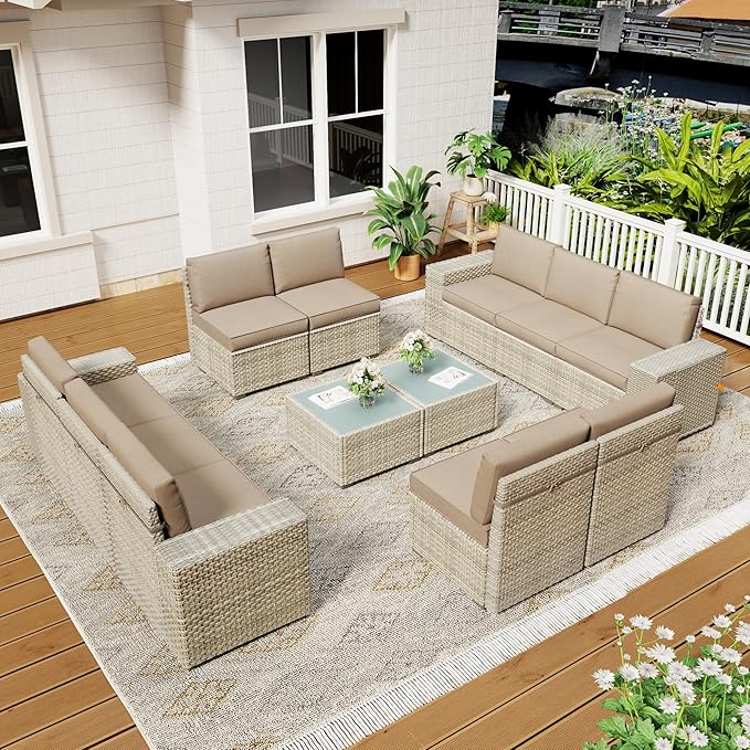 12 Piece Patio Furniture Set, 8" Wide Arm Sectional Sofa Set with Coffee Table, High-Back All-Weather Rattan Outdoor Conversation Set for Garden, Porch, Lawn, Khaki