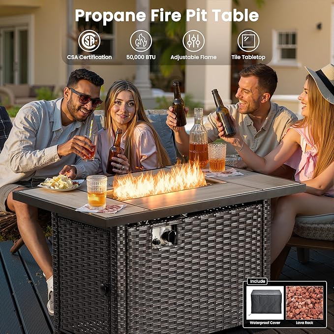 ovios 7-Pieces Patio Furniture Set with 42 Inch Fire Pit Table Swivel Chairs, Outdoor Wicker Sofa Couch Gliders Rocker, High Back Modern Conversation Set, Brown Rattan, Orange Red