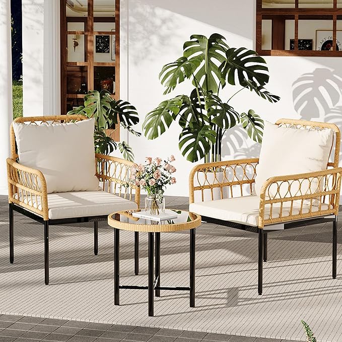 GarveeLife Wicker 3 Pieces Patio Bistro Sets Outdoor Conversation Sets with Glass Top Side Table and 2 Modern Rattan Chairs, Patio Furniture Set for Apartment, Backyard, Porch, Balcony, Lawn (Beige)