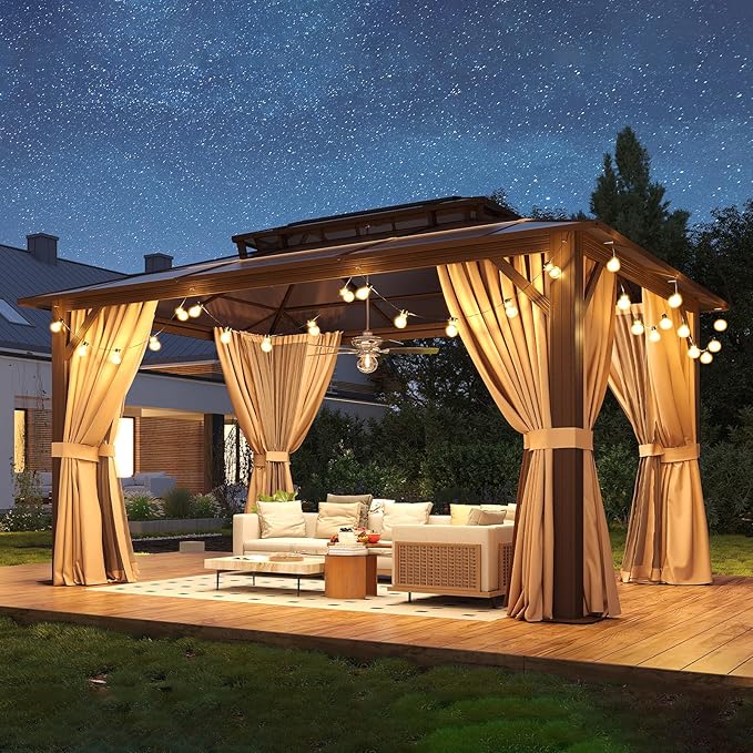 10’x14’ Hardtop Gazebo with Double Polycarbonate Roof Outdoor Metal Gazebo Sturdy Aluminum Frame & Removable Curtains, Netting Permanent Pavilion Pergola for Garden,Patio,Lawn (Brown)