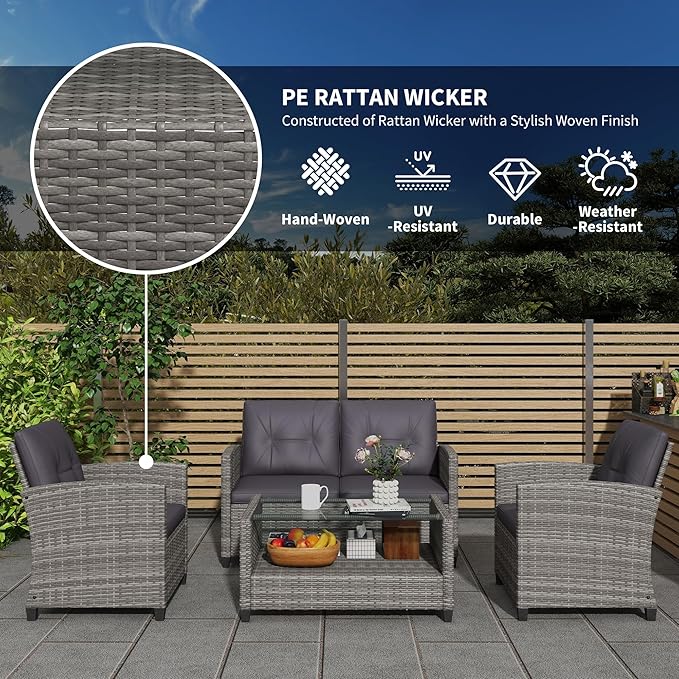 Outsunny 4 Pieces Patio Furniture Sets with Cushions, PE Rattan Wicker Conversation Chairs w/Two-Tier Coffee Table for Backyard Porch Garden Poolside and Deck, Charcoal