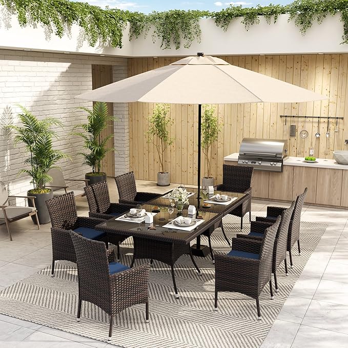 ALAULM 10 Piece Patio Dining Set All-Weather Wicker Outdoor Dining Table and Chairs w/Tempered Glass Tabletop, Removable Cushions and Umbrella Hole for Patio, Backyard, Garden, Poolside -DarkBu