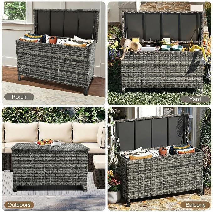 185-Gallon Outdoor Deck Box with Wheels, Waterproof PE Rattan & Aluminum Frame Storage Bin, Lockable Patio Furniture Chest for Cushions, Garden Tools, Pool Toys, Gray