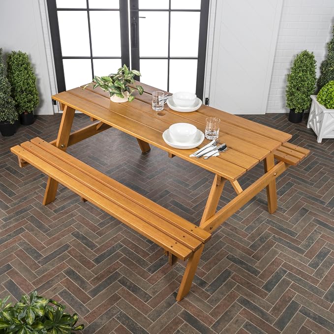 JONATHAN Y Shoreham 55" Eucalyptus Wood Outdoor Picnic Table with Benches for Patio, Rectangular Dining Set with 2" Umbrella Hole, Heavy Duty 700 lbs Capacity, Teak Brown BNH200A-NEW