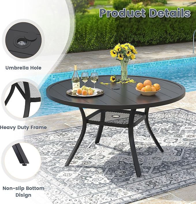 VICLLAX 40.6" Round Metal Outdoor Dining Table for 4, Patio Table with Umbrella Hole and Storage Shelf for Garden, Lawn, Deck, Black