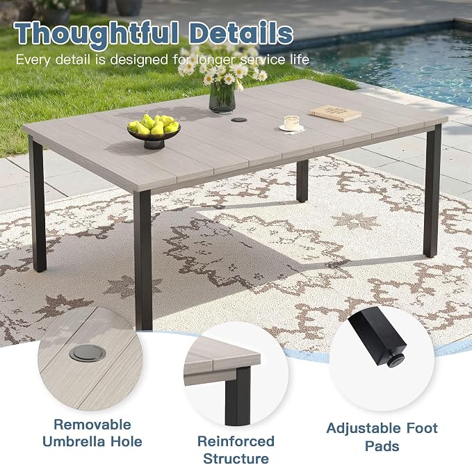 DIFY Outdoor Dining Set for 6, 7 Piece Patio Table and Chairs Set, Sandshell Textilene Swivel Patio Chairs & 63" Grey Wood-Like Rectangle Metal Dining Table with Umbrella Hole, for Garden Backyard