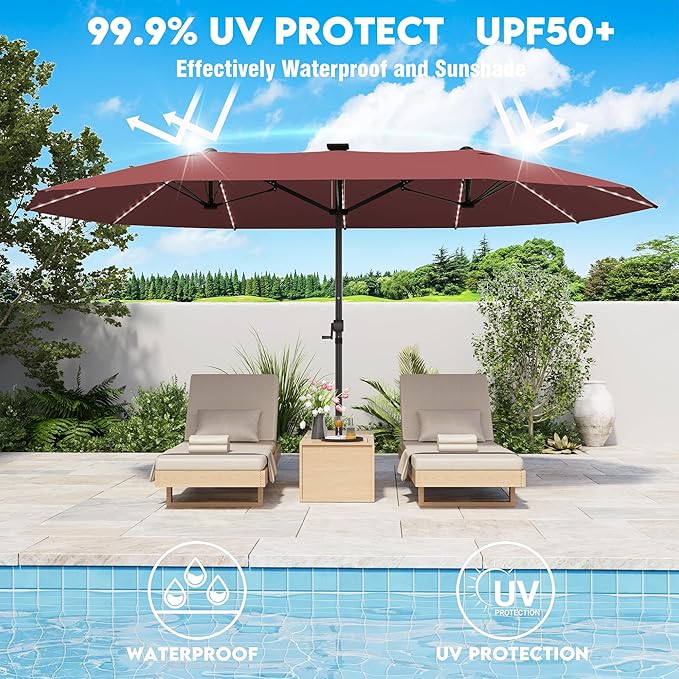 GDPFN 15ft Large Patio Umbrella with Solar Lights, Outdoor Double-Side Rectangular Umbrella, Backyard Pool Umbrella with LED Light for Deck, Outside, Market, Burgundy (Base Not Include)