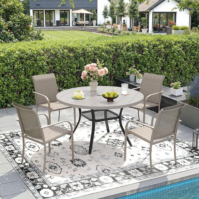 DIFY 5 Pieces Outdoor Patio Dining Set for 4, 40.6" Grey Wood-Like Round Dining Table and 4 Sandshell Stackable Sling Dining Chairs, Metal Outdoor Table and Chairs for Lawn Garden Backyard Deck