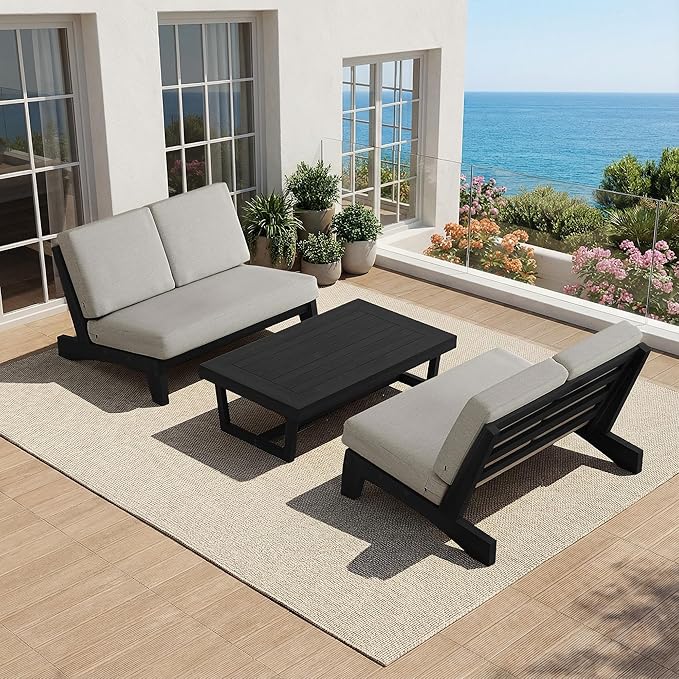 UIXE 2 Pieces All Weather Wood Patio Furniture Sets, Patio Loveseat Outdoor Sofa with Solid Wooden Coffee Table, Black Teak - Light Camel